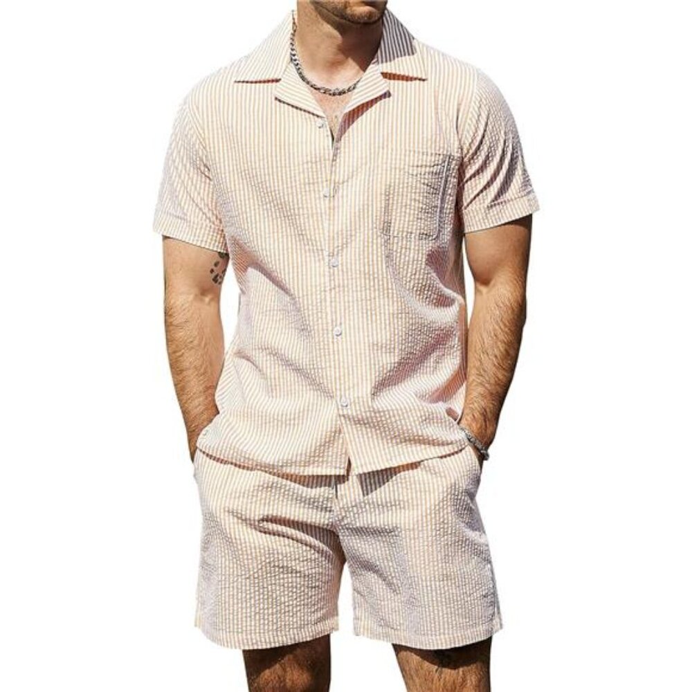 Men's Casual 2 Piece Outfits Short Sleeve Button Down Summer Set - Picture 1 of 7
